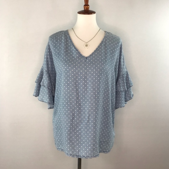 Love 8³ Chambray Blue & White Polka Dot V-Neck Ruffled Sleeve Blouse - Picture 1 of 12